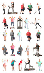 Set of sporty mature people on white background