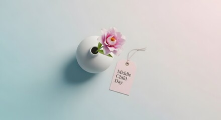 A gentle concept for Middle Child Day, featuring a single delicate flower in a vase with a gift tag on a pastel background.