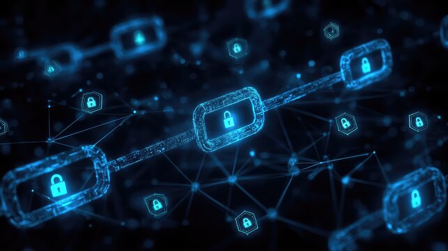 Explore secure blockchain technology with a futuristic digital network, showcasing encryption and data protection for modern business and financial solutions - Powered by Adobe