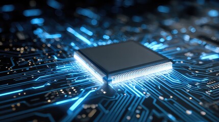 Sleek microchip motherboard glows with futuristic technology, powering innovation in a modern digital world with advanced computing solutions and data processing