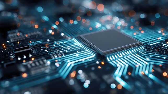 Modern microchip motherboard with luminous blue circuits symbolizing advanced technology and future innovation in artificial intelligence and data processing