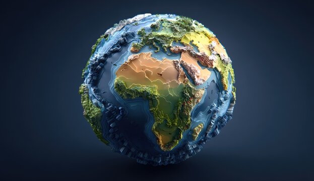 Earth, globe, topography, 3D render, dark background, environmental - Powered by Adobe