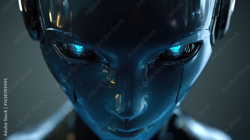 Poster captivating close-up of a futuristic robot's face with piercing blue glowing eyes, showcasing advanc