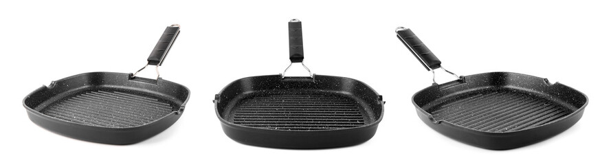 Set of grill frying pans on white background