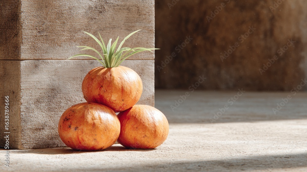 Poster three orange spherical objects with green shoots stacked on a textured surface next to a stone block