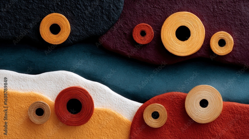 Poster abstract textured shapes with textured circular elements in warm and cool colors