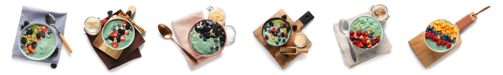 Set of tasty spirulina smoothies with fruits and berries on white background, top view