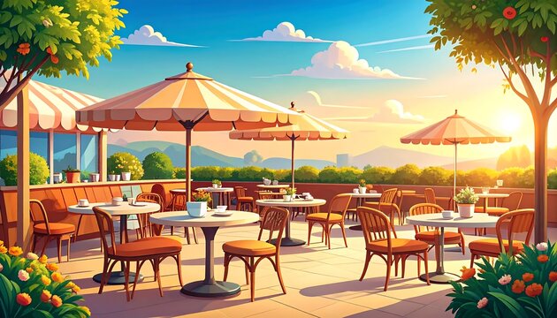 Outdoor cafe terrace at sunrise with striped umbrellas.