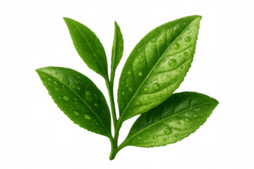 Green tea leaves sparkling with moisture, pristine and verdant, floating against transparent backdrop for design versatility
