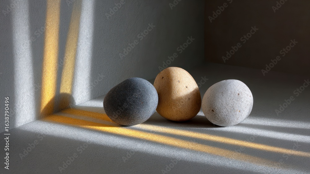 Aufkleber three smooth textured stones sit arranged on a surface with striking yellow light patterns