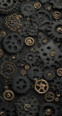 A complex arrangement of interlocking gears and cogs.  Black and gold metal parts create a detailed mechanical design