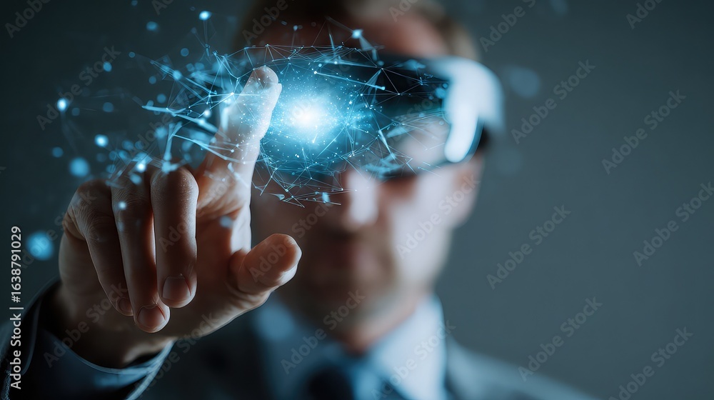 Poster man wearing vr headset interacts with futuristic glowing network, exploring digital data and virtual