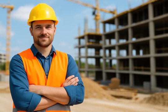 Construction Worker in Safety Gear at a Building Site with Cranes and Construction Materials in the Background
