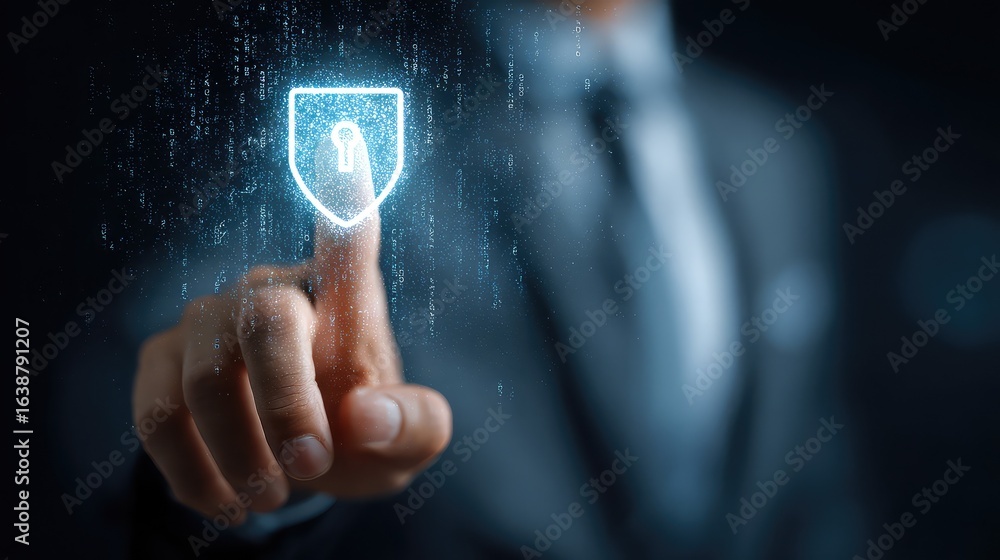 Poster professional businessman activates digital security shield with keyhole protecting data streams in a