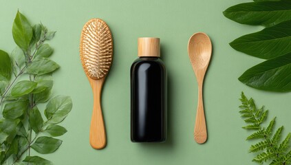 Natural hair care items,  eco-friendly.  Wooden brush, dark bottle, spoon.  Surrounded by leaves