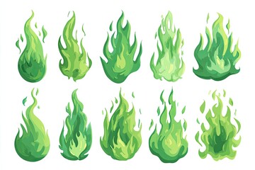 Collection of stylized green flames.  Various shapes and sizes of glowing green flames against a plain white background.  Vibrant and cartoonish graphic design