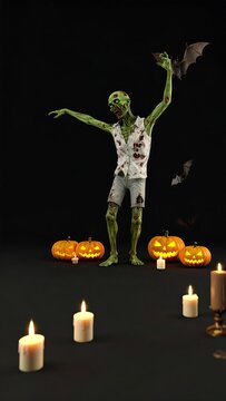 A dancing zombie surrounded by pumpkins and candles against a black background