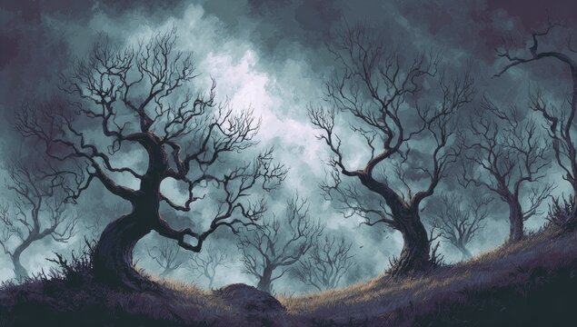 Gloomy, barren trees under a stormy sky