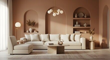 Serene Living Room Oasis Neutral Tones, Modern Archways, and Ambient Lighting for Ultimate Comfort