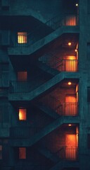 Exterior stairwell of a building at night, lit by warm light from windows