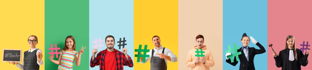 Set of different people with hashtag signs on color background