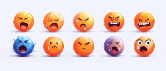 Obraz premium Colorful emoticons with various expressions including sadness, anger, and confusion.