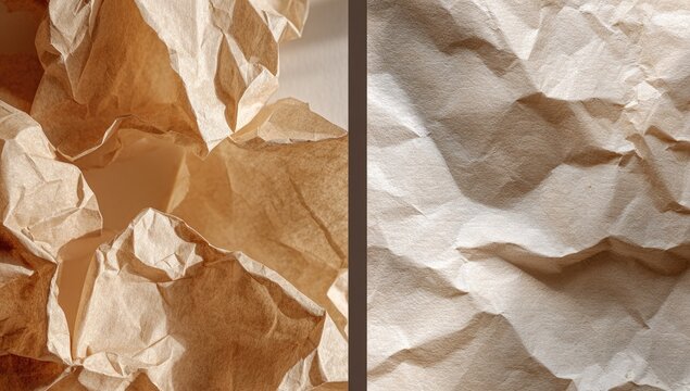 Two halves of crumpled brown and off-white paper textures