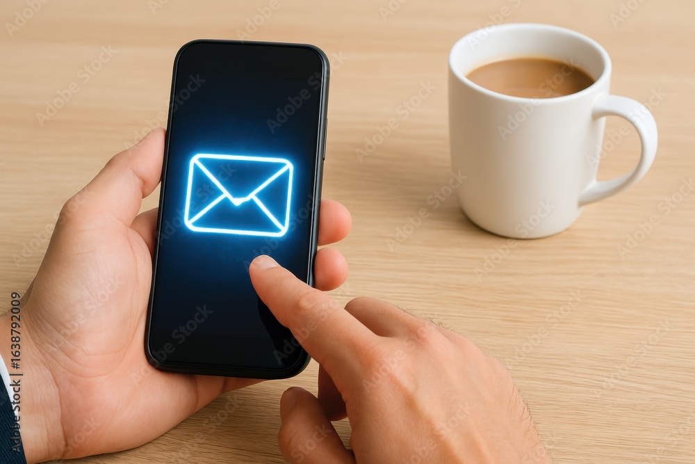 Poster hand of a person interacting with a mobile phone displaying email icon while a coffee mug is placed 