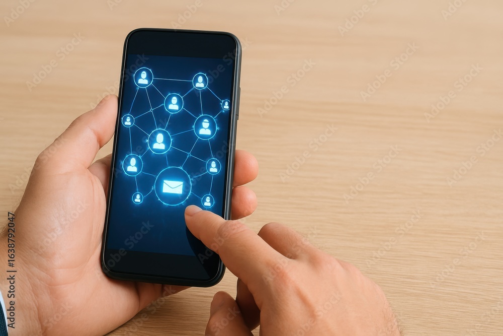 Poster person using smartphone to access communication network with digital icons and mail symbol on screen
