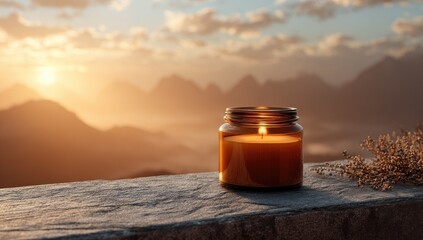 Amber candle on stone ledge, sunrise view
