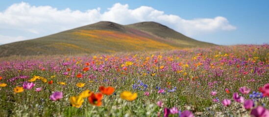 Fototapeta premium Colorful Wildflowers Blooming in a Field Against a Hillside