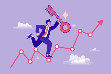Businessman Holding a Key to Success Jumps on a Volatile Business Growth Graph