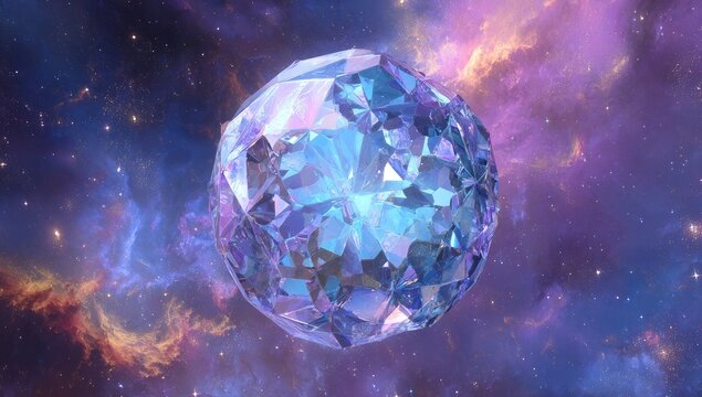 Afaceted gem, luminous and ethereal, set against a nebula of vibrant hues