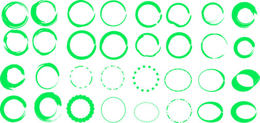 Collection of artistic Green circle brush strokes in various shapes and textures on white background, ideal for design, logo, and creative decoration.
