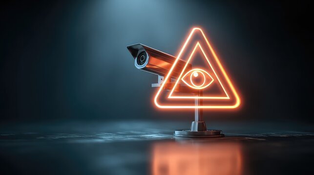 Modern surveillance camera monitors with glowing eye warning symbol signifying security and vigilance