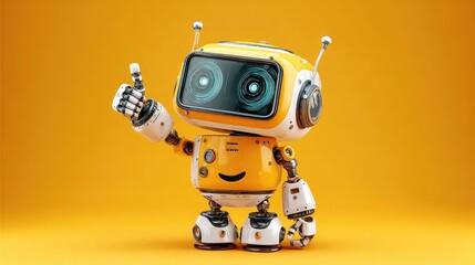 Friendly cartoon robot giving a thumbs-up gesture in a vibrant studio setting, conveying positivity and approval with a modern, playful aesthetic perfect for tech or innovation campaigns