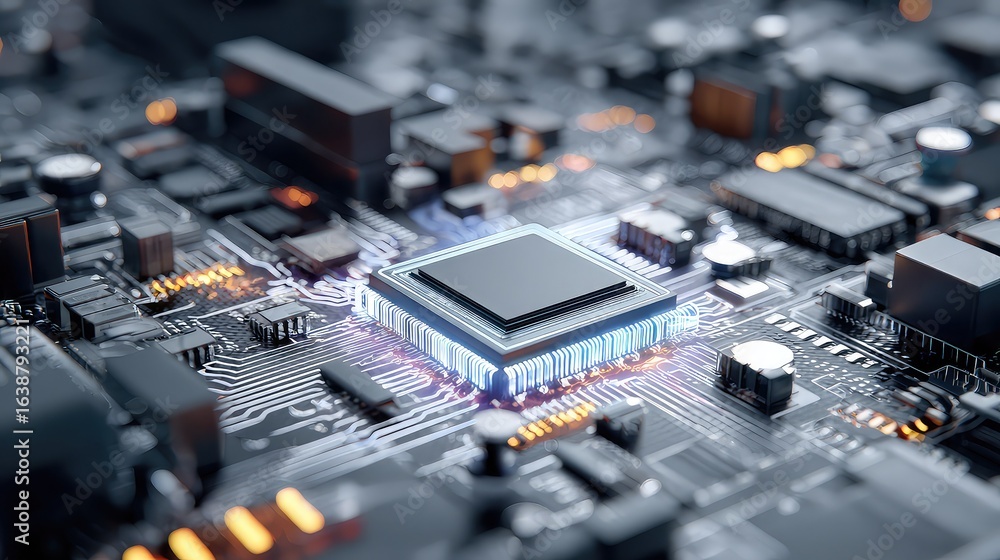 Poster capturing the powerful glow of a central processor on a complex circuit board, symbolizing innovatio