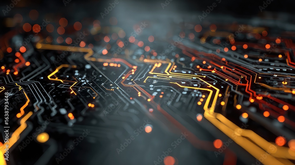 Poster dynamic glowing circuitry with vibrant orange and yellow lines on a dark background, representing ad