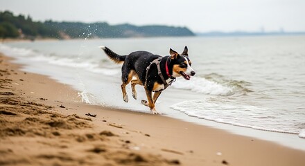 Playful black and tan dog having fun running freely on the shoreline during a day at the beach.