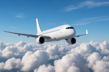 Obraz premium White Passenger Airplane Flying High Above Fluffy Clouds on a Clear Blue Sky with Sunlight Illuminating the Scene