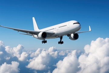 Obraz premium White Airplane in Clear Sky Above Fluffy White Clouds, Captured During Bright Day, Perfect for Travel and Aviation Themes