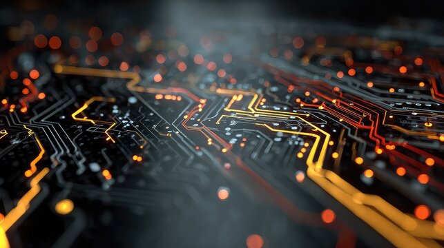 Dynamic glowing circuitry with vibrant orange and yellow lines on a dark background, representing advanced technology and data flow, perfect for digital innovation concepts.