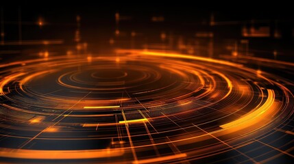 Dynamic digital data stream visualized with glowing orange concentric circles and abstract futuristic grid patterns on a dark background