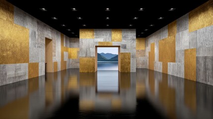 Modern interior with geometric gold and concrete walls reflecting on a polished floor opening to a mountain lake vista