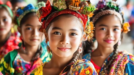 Young Girl in Vibrant Traditional Dress Smiling with Friends