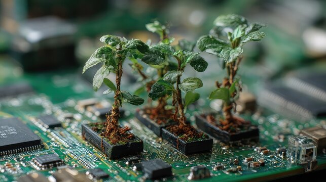Vibrant green saplings grow from miniature planters nestled on a complex electronic circuit board, symbolizing nature's resilience and technological integration.
