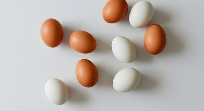 A top down view of brown and white eggs scattered on a plain white surface in a simple arrangement