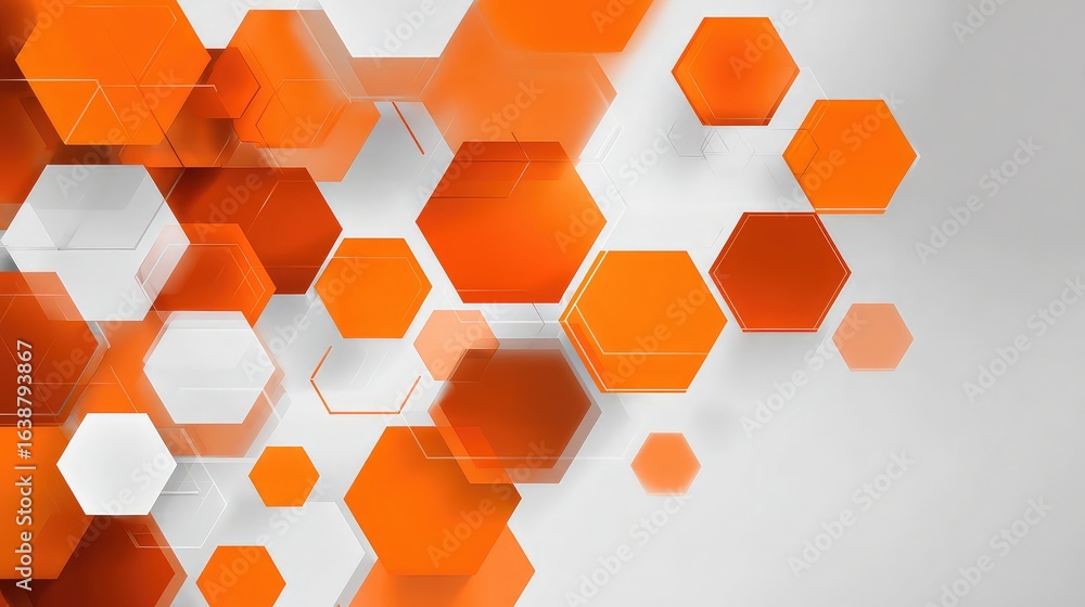 Poster vibrant orange and white hexagonal shapes creating a dynamic, modern abstract background perfect for