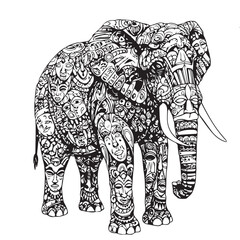 An artistic black and white elephant illustration composed of intricate tribal masks and ornate cultural patterns
