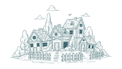 Fototapeta premium Cartoon Houses Cluster Illustration with Fence, Path and Trees, Hand Drawn Style, Vector Illustration